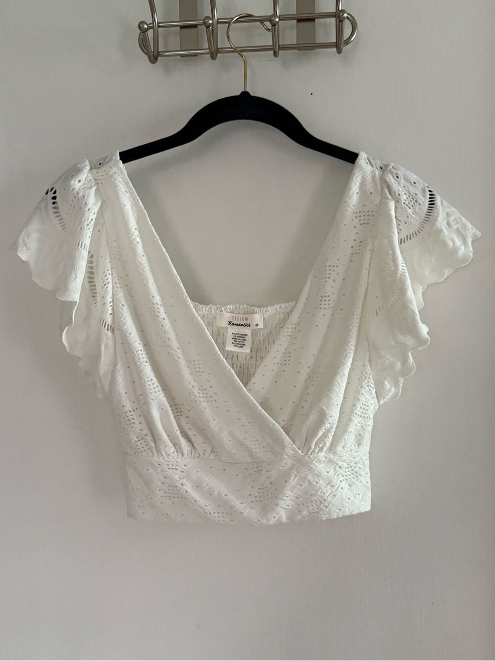 URBAN Romantics White Eyelet Wrap Crop Top with Flutter Sleeves Size S